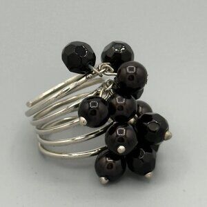 Multi-Band Silver Ring With Black Bead Cluster